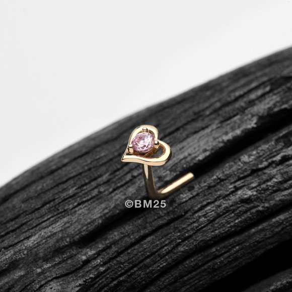 14 Karat Gold Hollow Heart Sparkle L-Shaped Nose Ring - Pink Gem - Picture 1 of 2